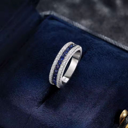 Newshe 925 Sterling Silver White and Blue Created Sapphire Rings for Women Half Eternity Wedding Band Cubic Zircon Party Ring