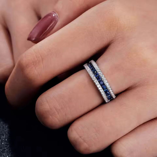 Newshe 925 Sterling Silver White and Blue Created Sapphire Rings for Women Half Eternity Wedding Band Cubic Zircon Party Ring