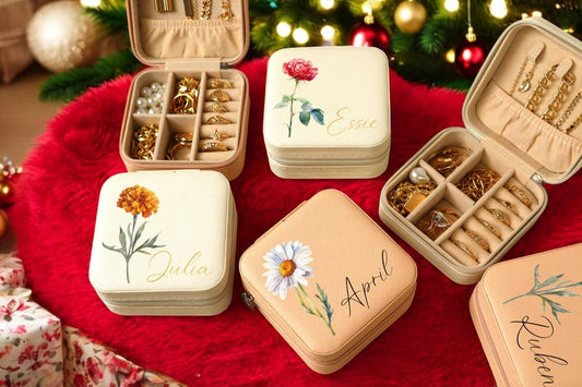 Personalized travel jewelry box, Jewelry Travel Case, Birth month Flower Jewelry Box,Christmas Gift for Women, Holiday Gift,Bridesmaid Gifts